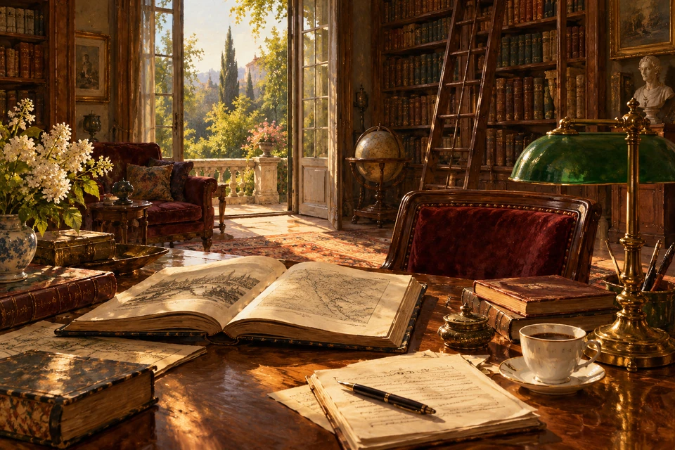 Открытая книга в уютном читальном кабинете